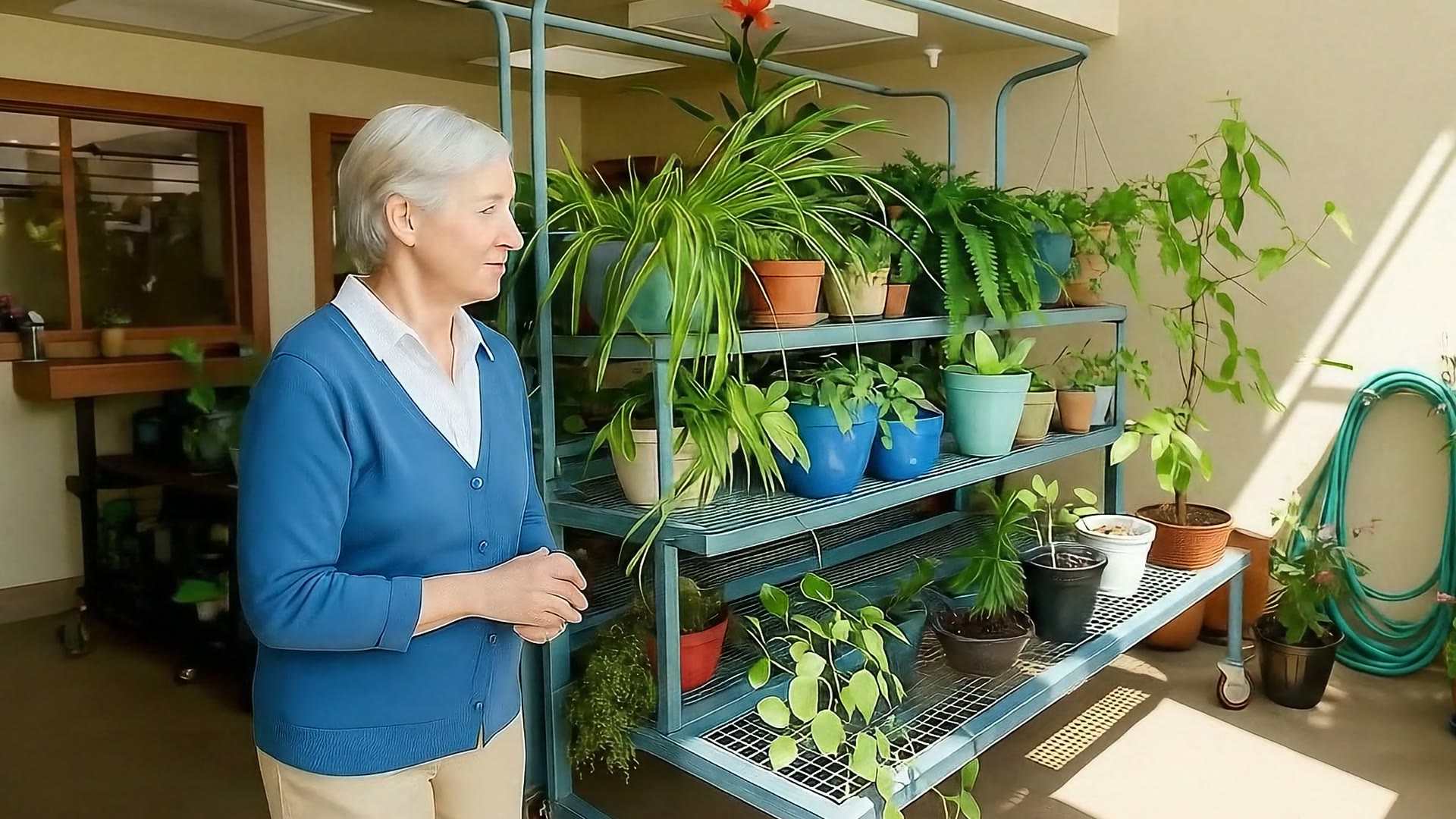 Resident tending plants in the Gardens on Quail greenhouse