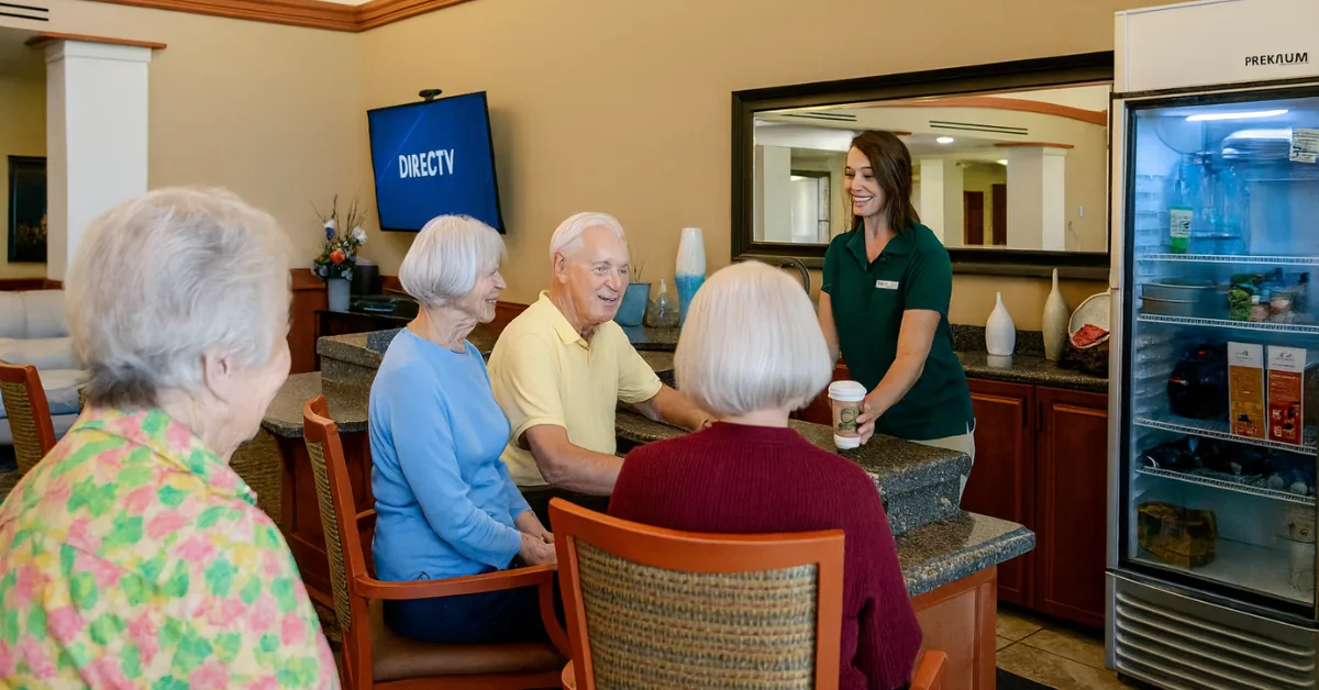 Gardens on Quail residents gathered at the bistro counter while a staff member serves drinks.