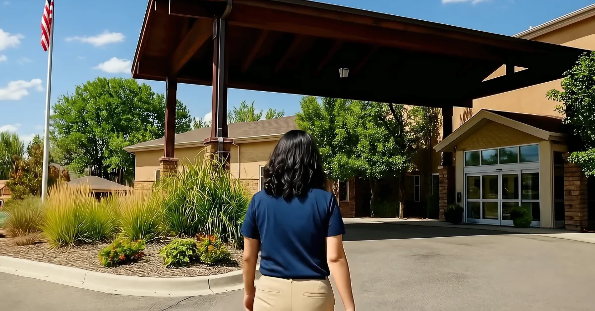 Gardens on Quail staff member walking toward the main entrance on a sunny morning.