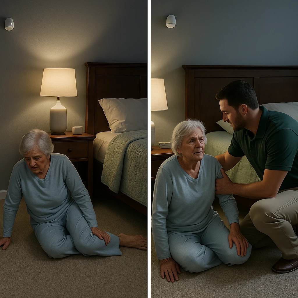 SafelyYou before and after view of a bedroom fall response with caregiver support.