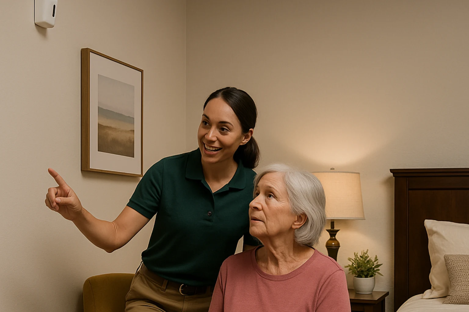 SafelyYou caregiver explaining the bedroom safety sensor to a resident.
